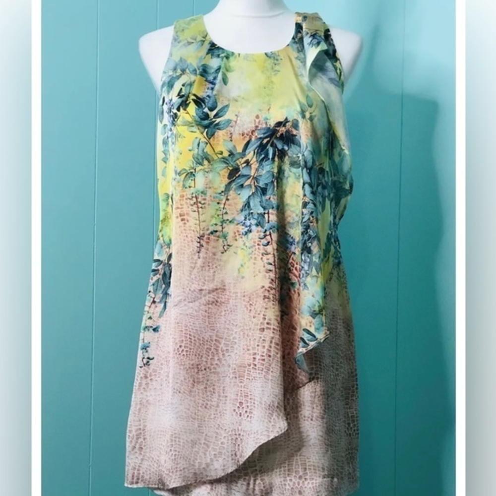 Bebe‎ Fit and Flare Sleeveless Tropical Print Ruffle A-Line Dress
